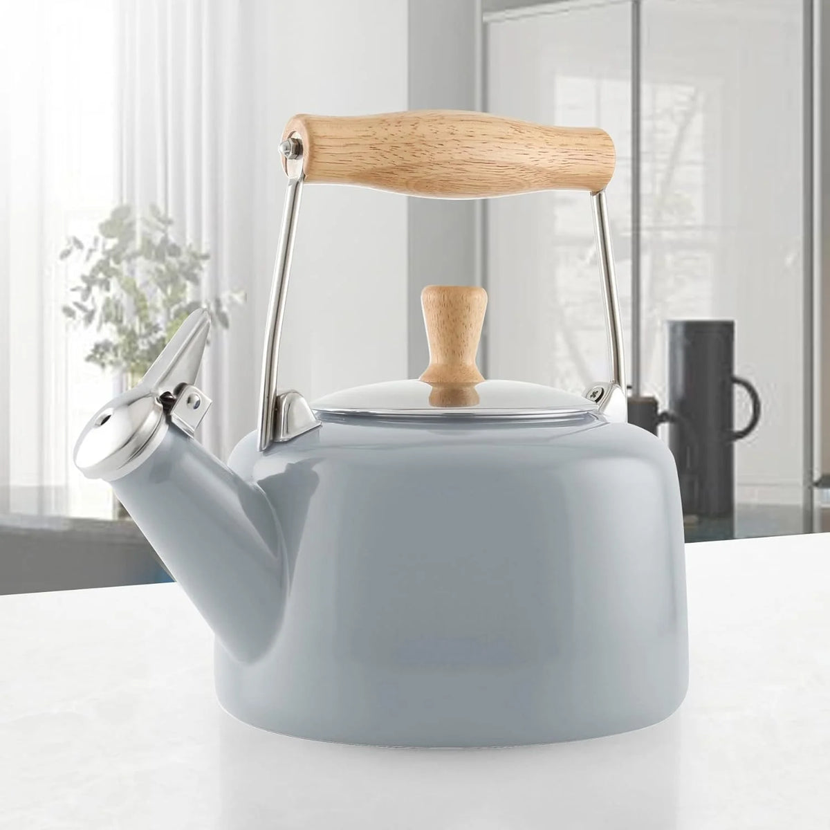 Enamel On Steel Whistling Teakettle with Wood Handle, 1.4 Quarts Q90381