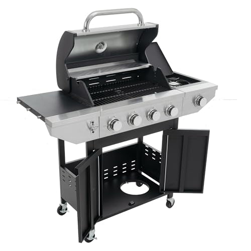 4 Burner Gas Grill with Side Burner, Stainless Steel Propane BBQ Grill with Built in Thermometer A240658