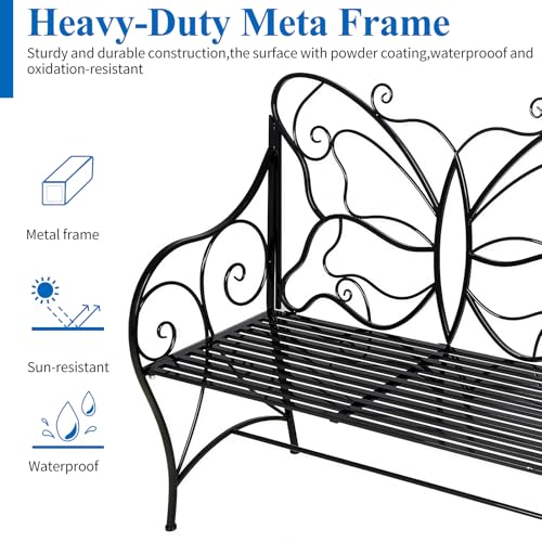 Black Cast Iron Metal Outdoor Bench with Armrests V929901