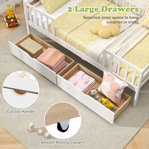 White Twin Wood Kids Bed with Storage Drawers X90657