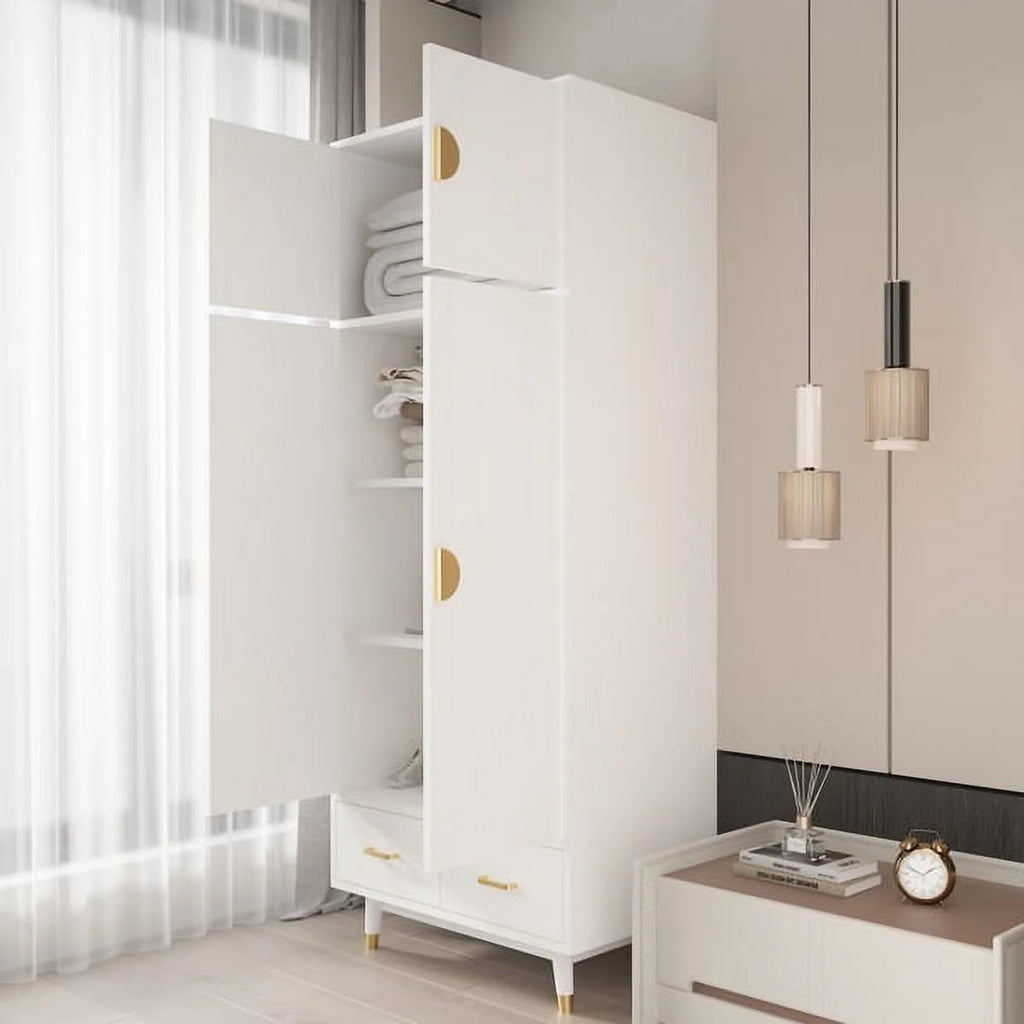 4 Door Wood Wardrobe with Clothing Rod and 2 Drawers, White C98267