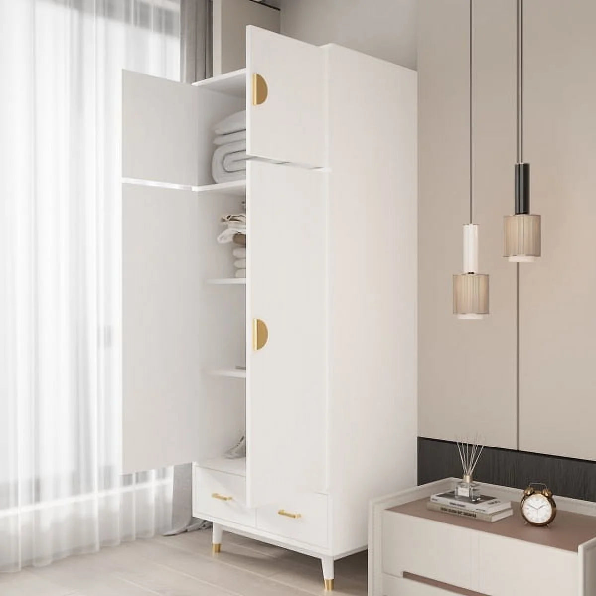 4 Door Wood Wardrobe with Clothing Rod and 2 Drawers, White C98267