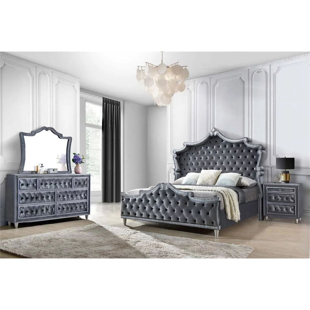 4-Piece Velvet Upholstered Eastern King Bedroom Set in Gray V729336