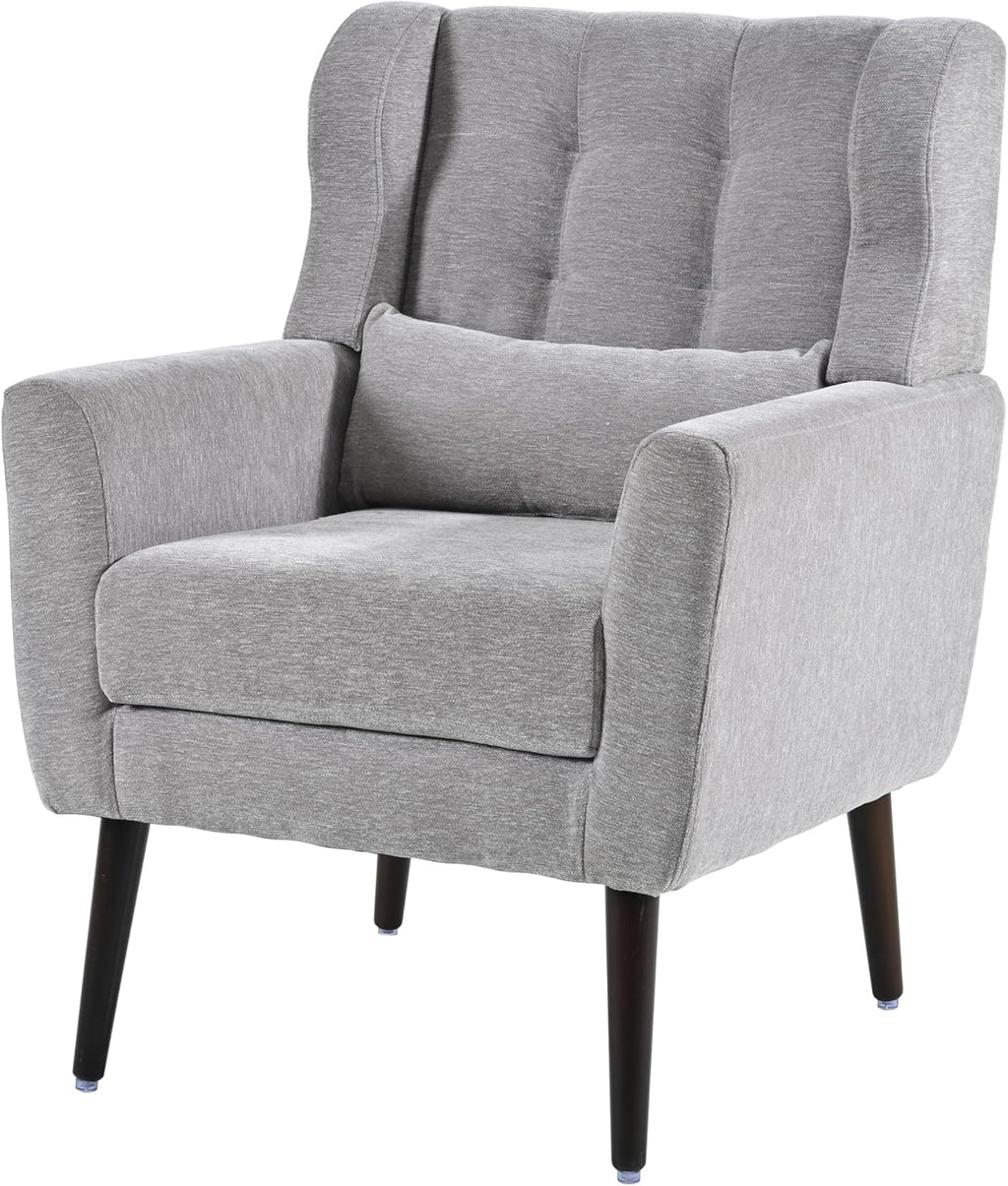 Chenille Upholstered Accent Chair with Pillow, Solid Wood Leg S498