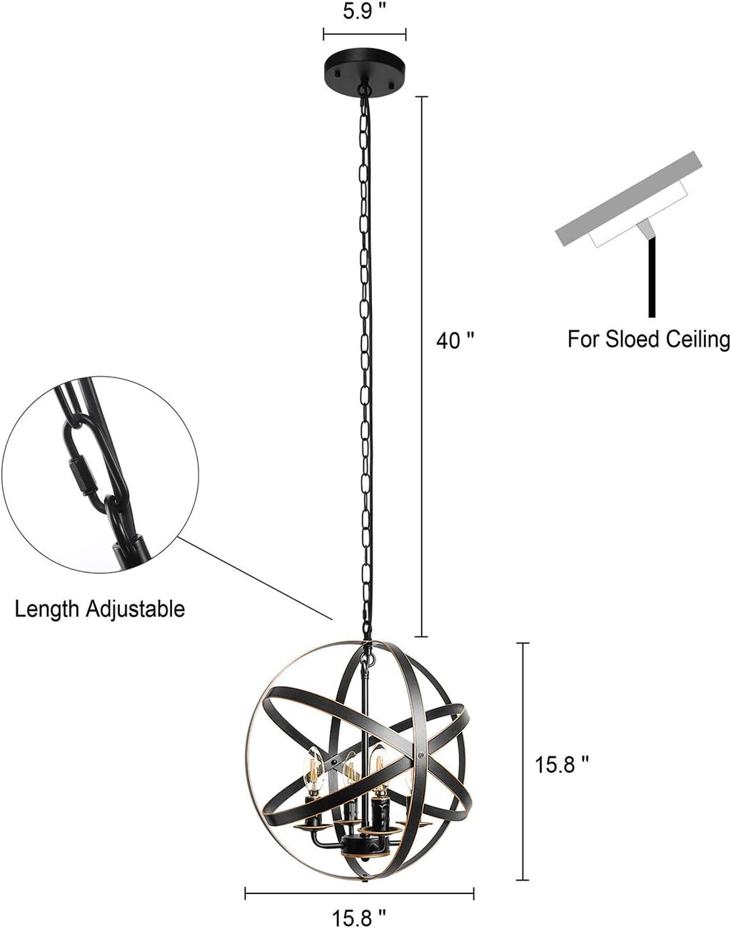 Black 6-Light Farmhouse Chandelier with Spherical Shade O438
