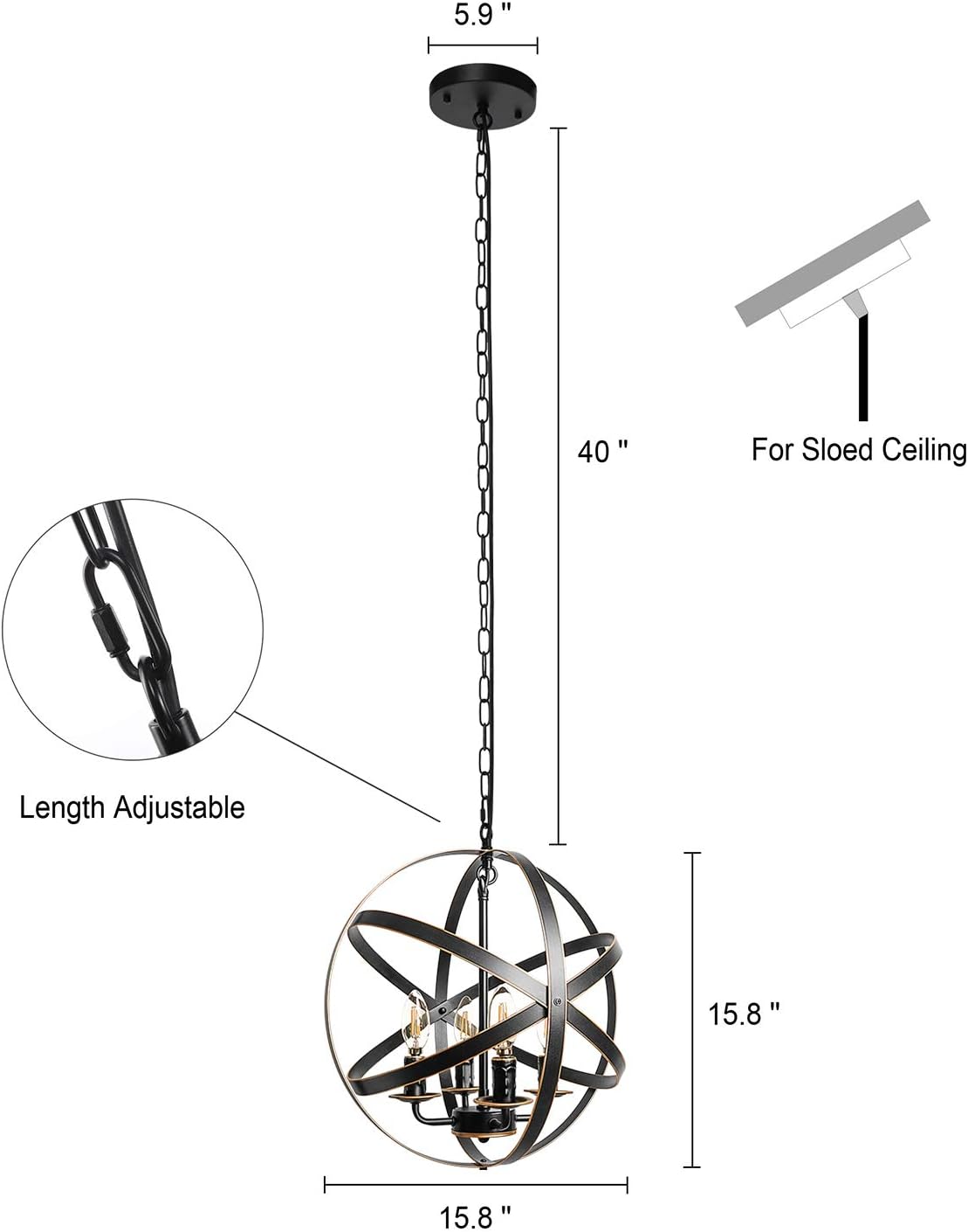 Black 6-Light Farmhouse Chandelier with Spherical Shade O438