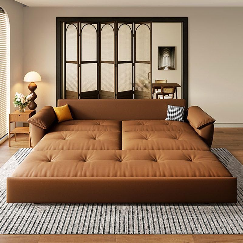 Brown Genuine Leather Convertible Sleeper Sofa Bed with Storage 81" L x 33.5" D x 35" H D16329