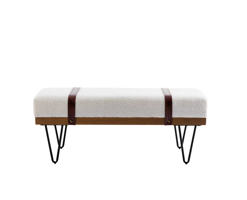White Faux Fur Upholstered Ottoman Bench with Metal Legs E8972