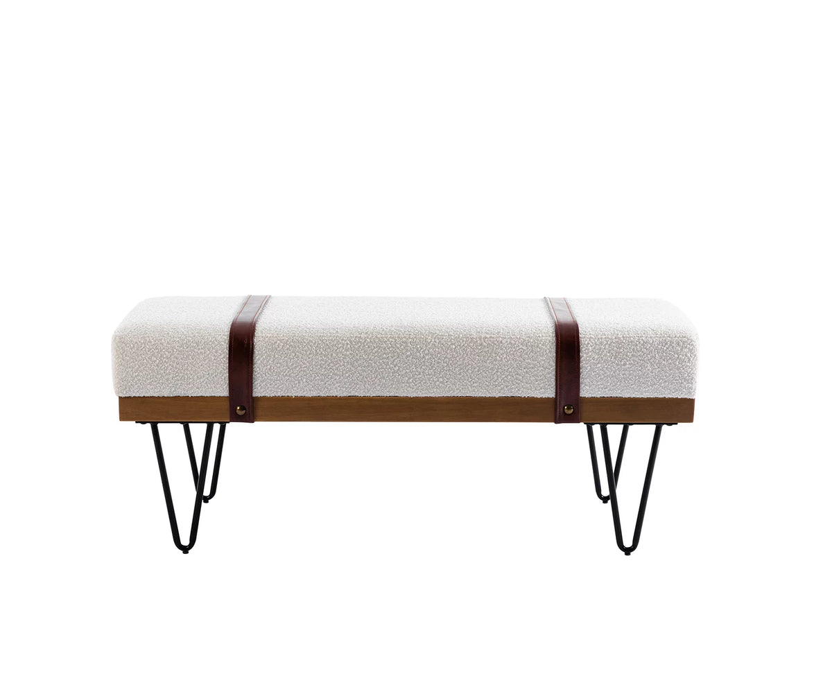 White Faux Fur Upholstered Ottoman Bench with Metal Legs E8972
