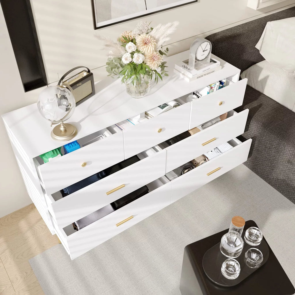 White and Gold 7 Drawer Wood Dresser Y929343