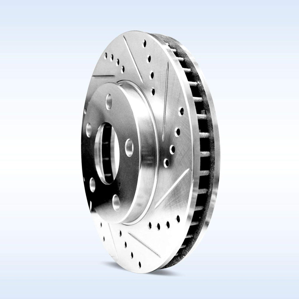 Silver Drilled Slotted Brake Rotors and Semi Metallic Brake Pads D35448