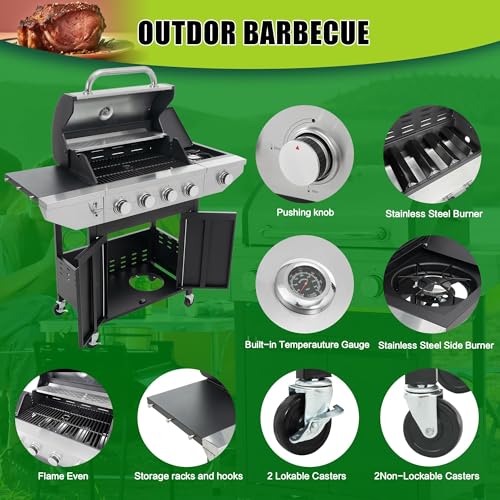 4 Burner Gas Grill with Side Burner, Stainless Steel Propane BBQ Grill with Built in Thermometer A240658