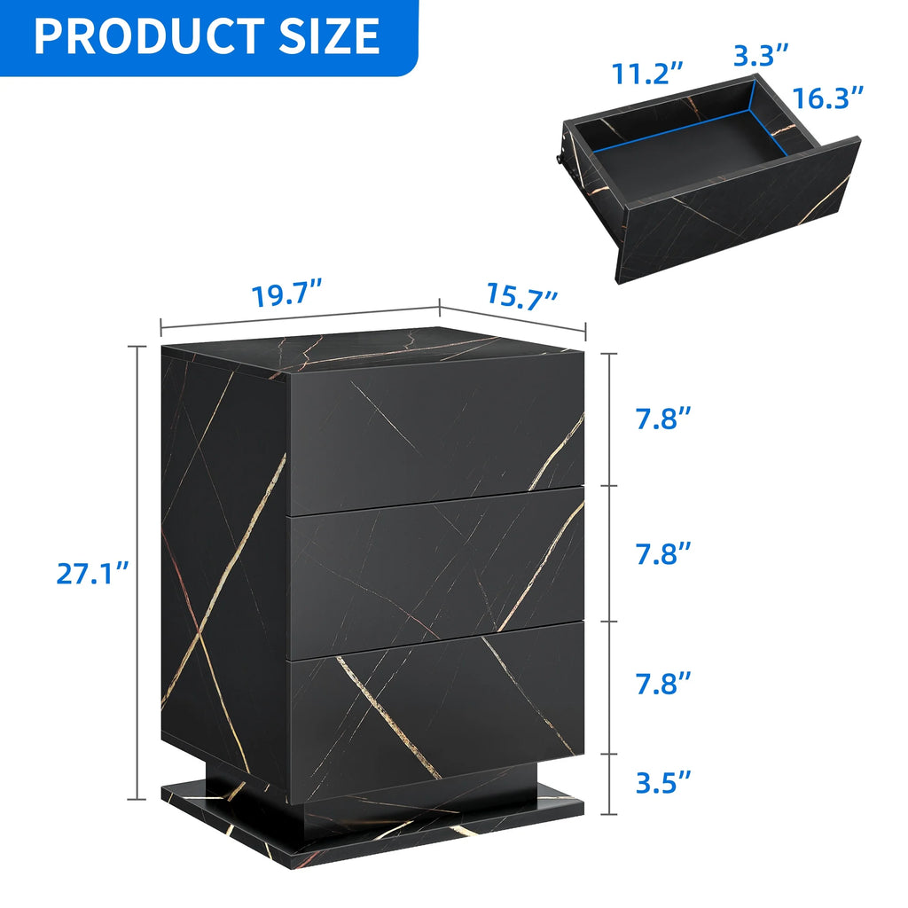 Set of 2 LED Nightstand with Drawer, Marble Black P847087