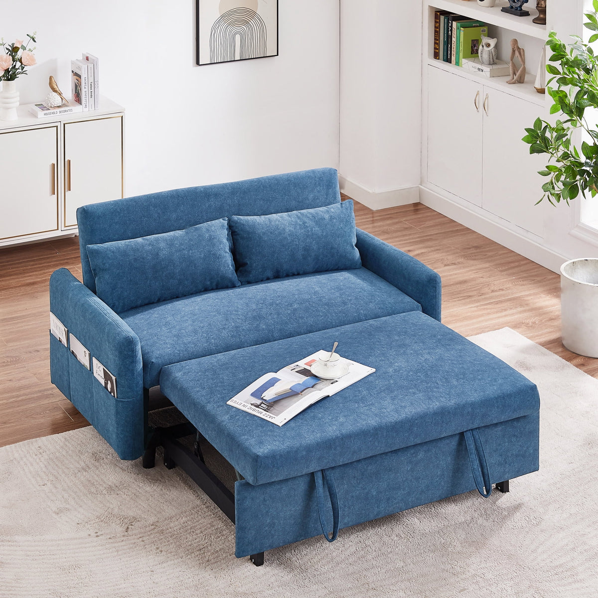 Blue Pull Out Sleep Sofa Bed with Adjustable Backrest and Storage Pockets L1311