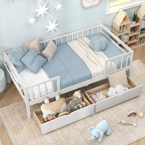 White Twin Wood Kids Bed with Storage Drawers X90657