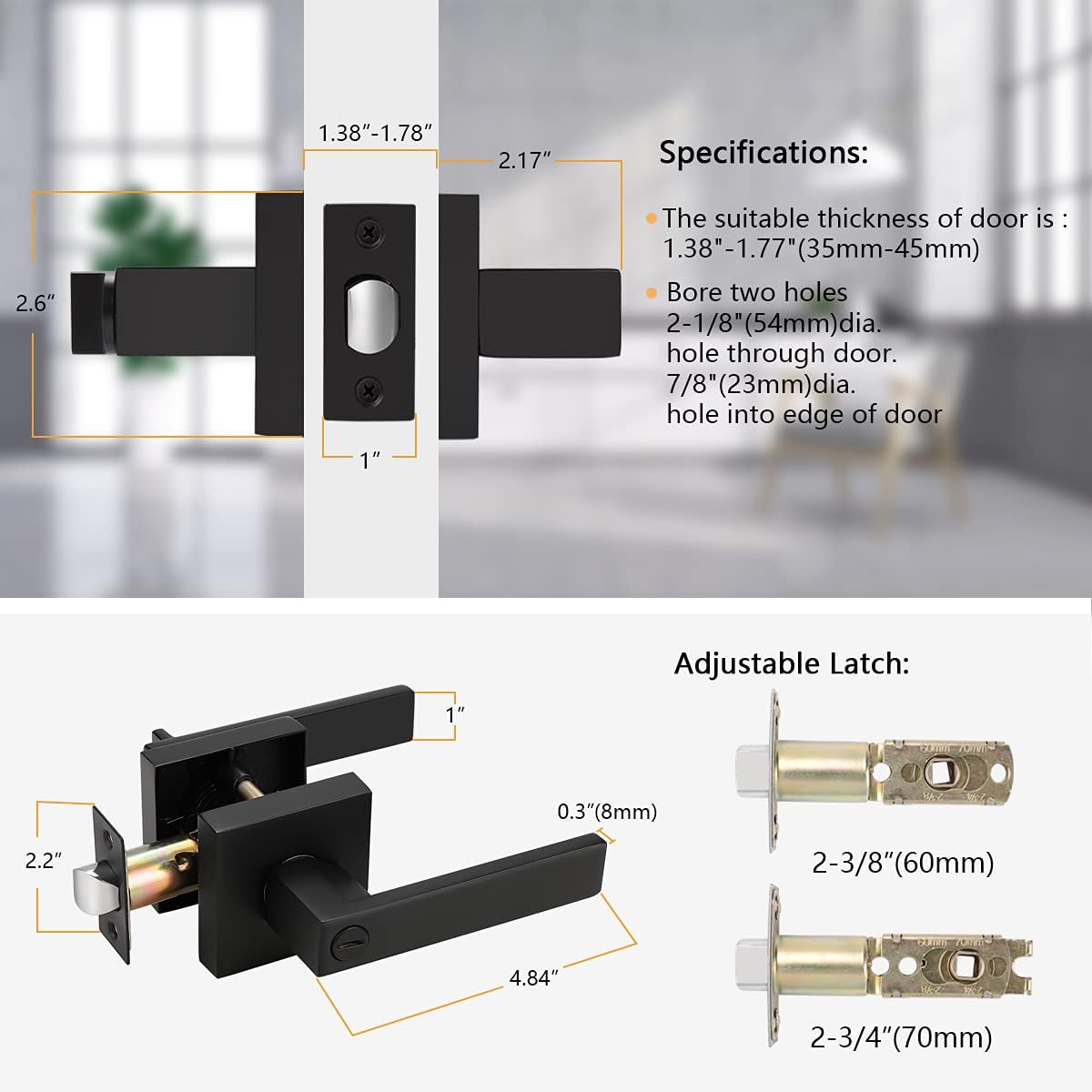 Matte Black Privacy Door Levers with Square Rosette Q77025
