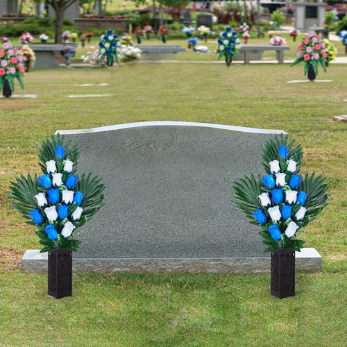 2 Sets Artificial Cemetery Flowers with 2 Long Nail Vases (18 Heads) C30676