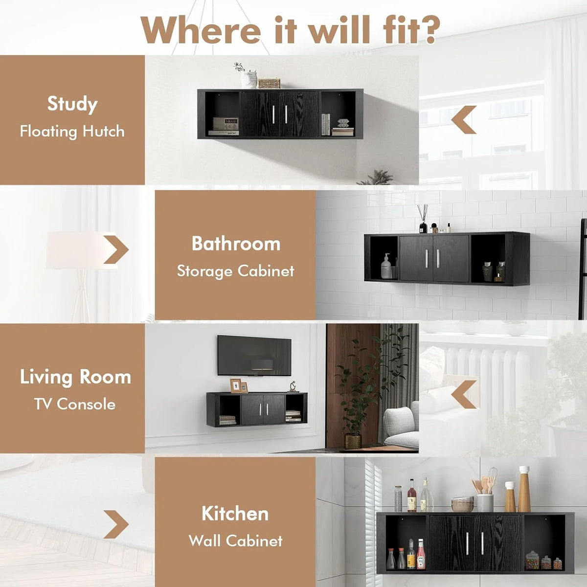 Black Wall Mounted Storage Cabinet with 2 Doors and 2 Open Shelves I211788