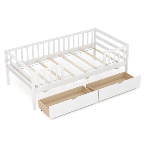 White Twin Wood Kids Bed with Storage Drawers X90657