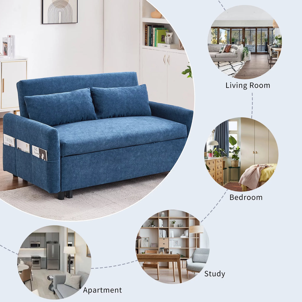 Blue Pull Out Sleep Sofa Bed with Adjustable Backrest and Storage Pockets L1311