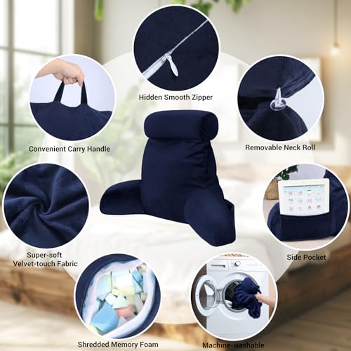 Grey Backrest Pillow with Arms, Headrest, Pockets, Removable Washable Cover, Detachable Neck Roll (Large 27") E938