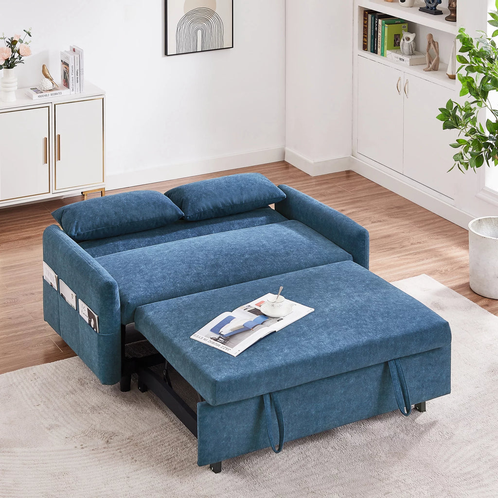 Blue Pull Out Sleep Sofa Bed with Adjustable Backrest and Storage Pockets L1311