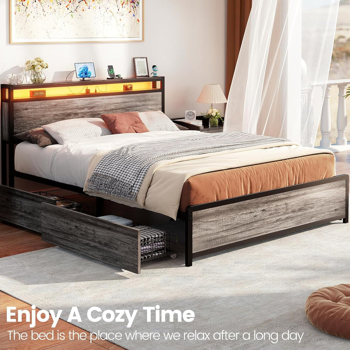 Black Oak Queen Size Bed Frame with 4 Storage Drawers O27514