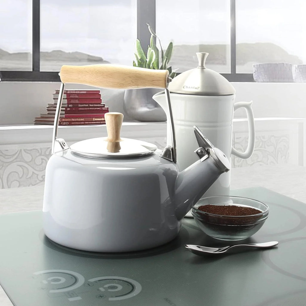 Enamel On Steel Whistling Teakettle with Wood Handle, 1.4 Quarts Q90381