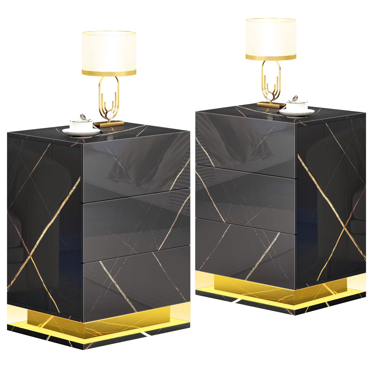 Set of 2 LED Nightstand with Drawer, Marble Black P847087