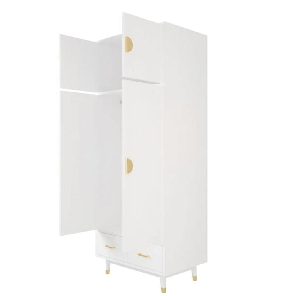 4 Door Wood Wardrobe with Clothing Rod and 2 Drawers, White C98267