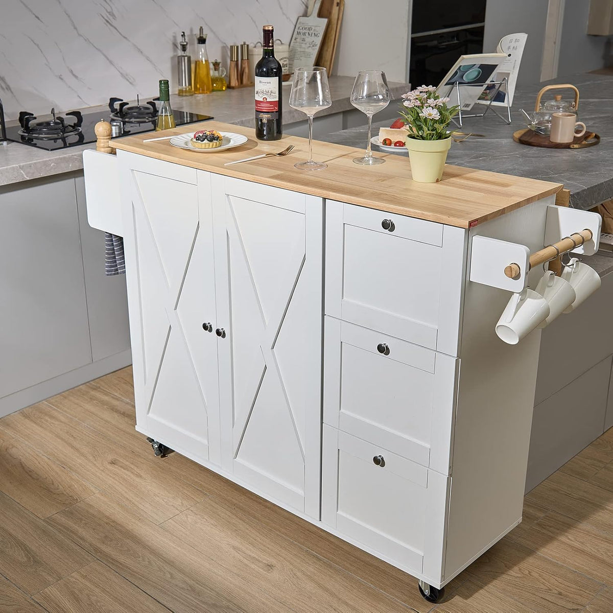 White Solid Wood Top Kitchen Island Cart with Storage Cabinet and Drop Leaf X7786