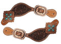 Tooled Leather Spur Straps with Turquoise Stone Conchos U15153