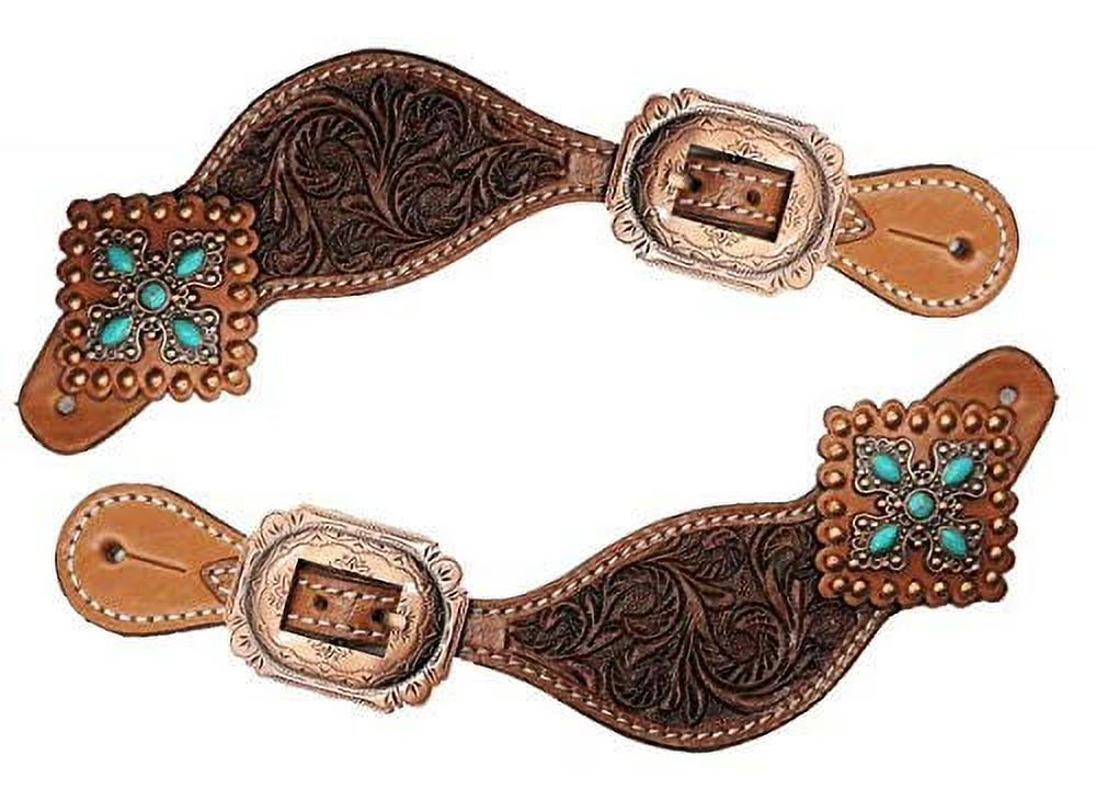 Tooled Leather Spur Straps with Turquoise Stone Conchos U15153