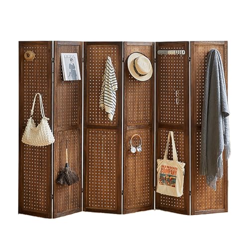 Natural Solid Wood 4 Panel Room Divider with Shelves and 16 Hooks G785734