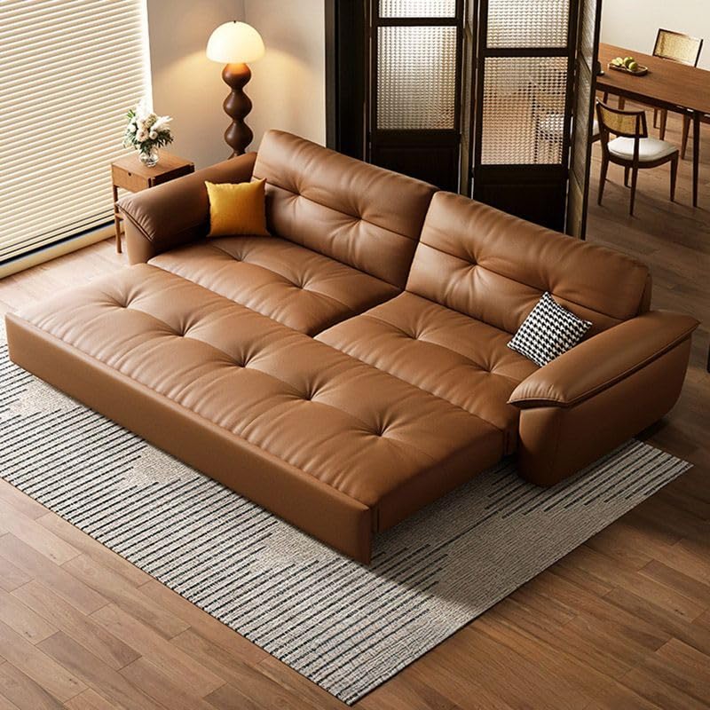 Brown Genuine Leather Convertible Sleeper Sofa Bed with Storage 81" L x 33.5" D x 35" H D16329