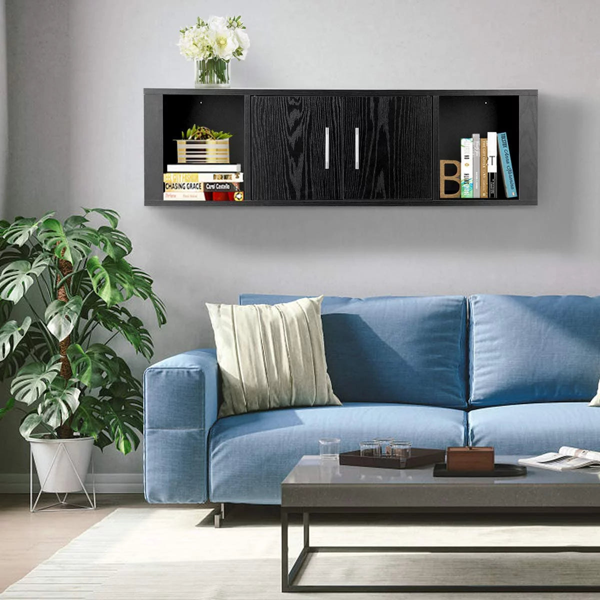 Black Wall Mounted Storage Cabinet with 2 Doors and 2 Open Shelves I211788