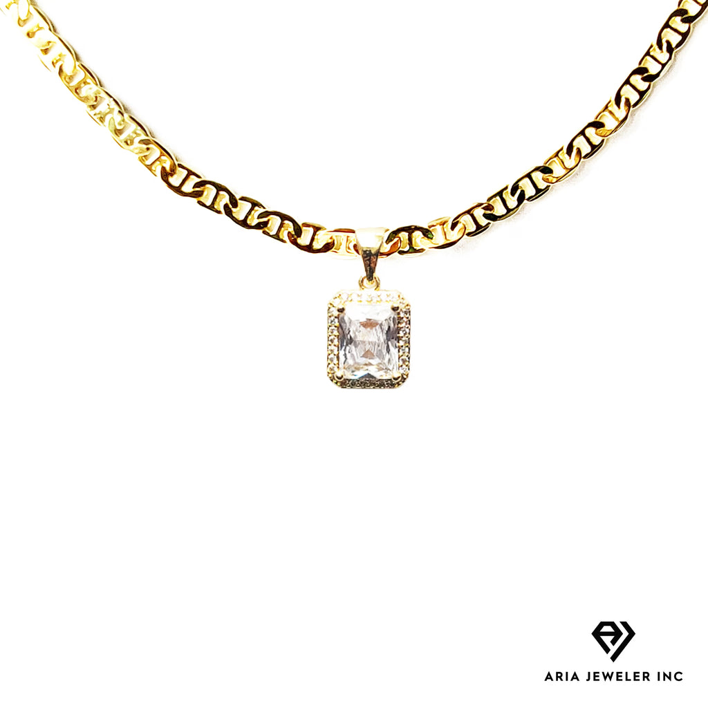 14K Bonded Gold Mariner Chain Necklace with Diamond Charm and Gift Box/Bag X3108