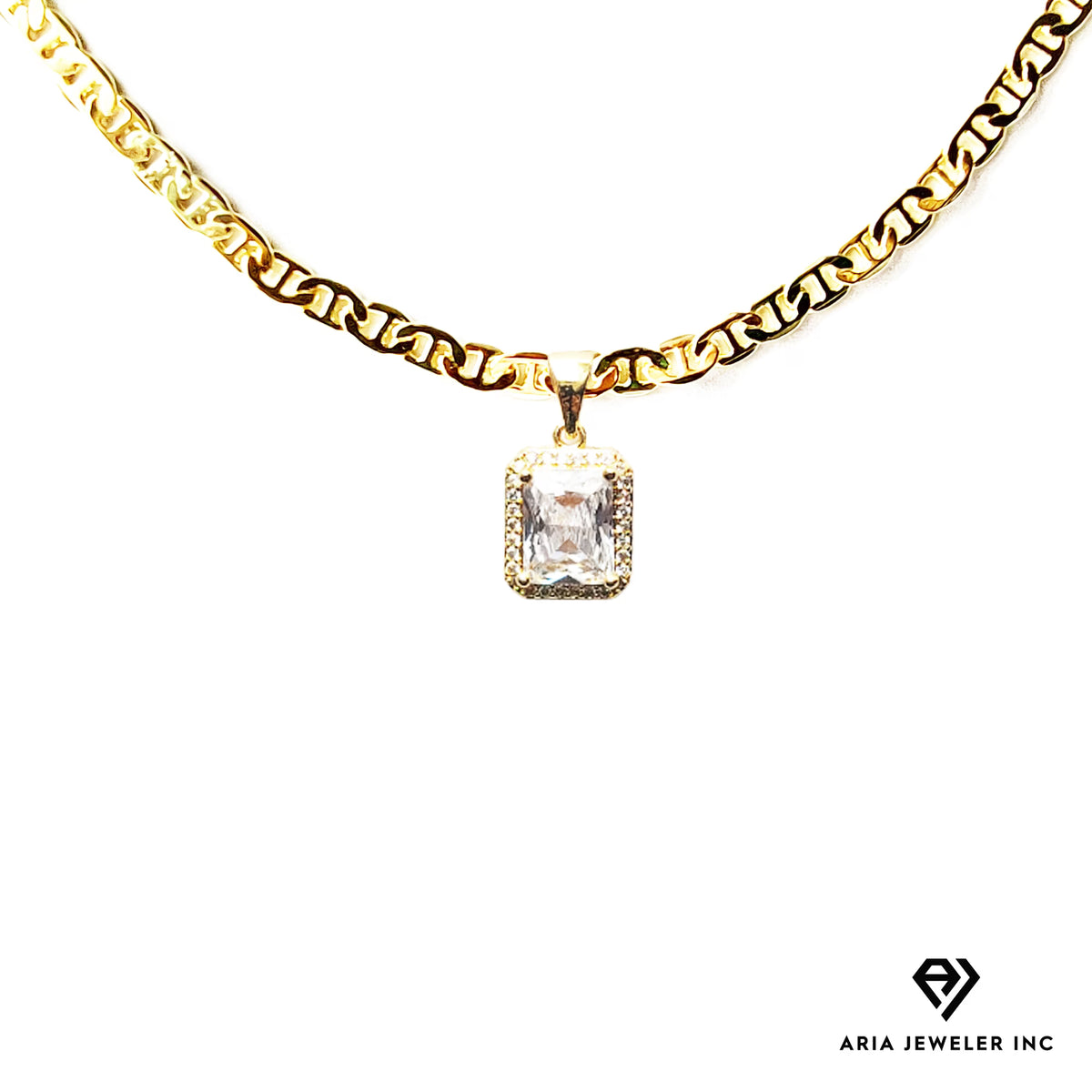 14K Bonded Gold Mariner Chain Necklace with Diamond Charm and Gift Box/Bag X3108