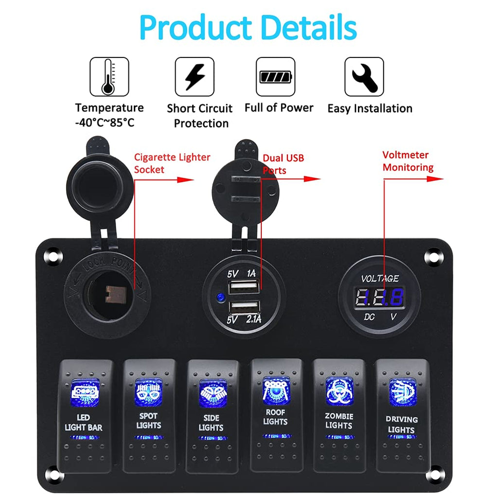 Waterproof Rocker Marine Switch Panel with USB, Blue LED, Pack of 2 G306
