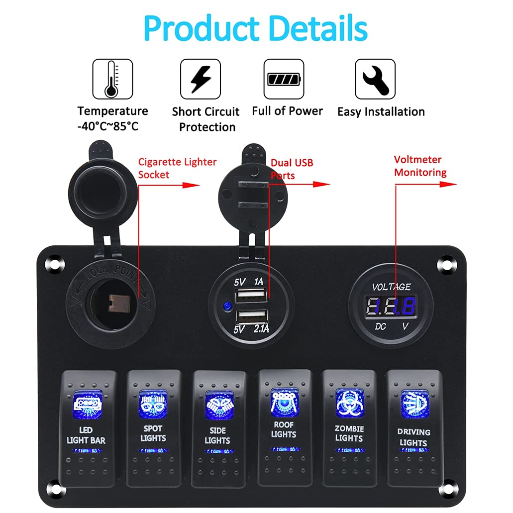 Waterproof Rocker Marine Switch Panel with USB, Blue LED, Pack of 2 G306