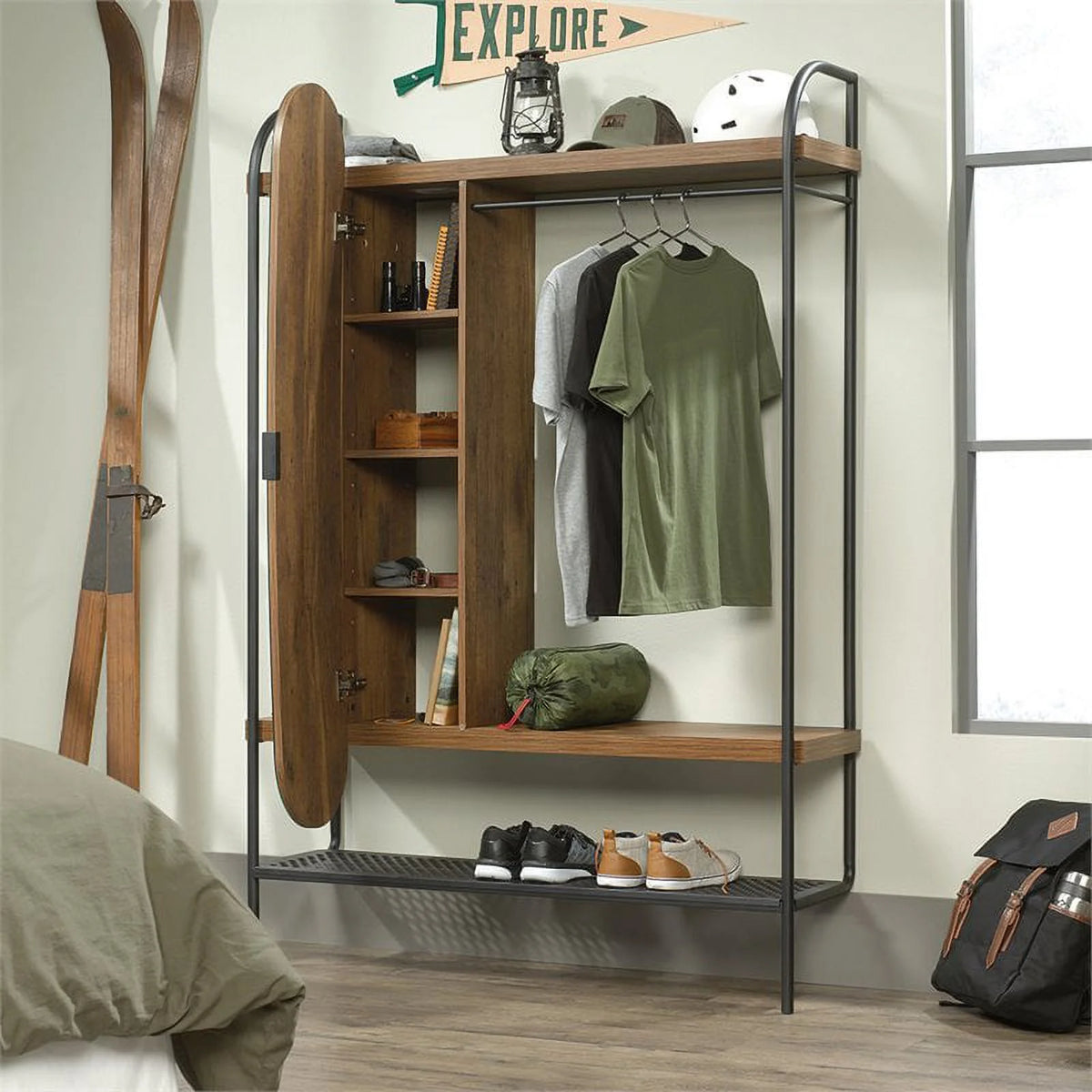 Modern Metal Hanging Wardrobe in Vintage Oak W9727