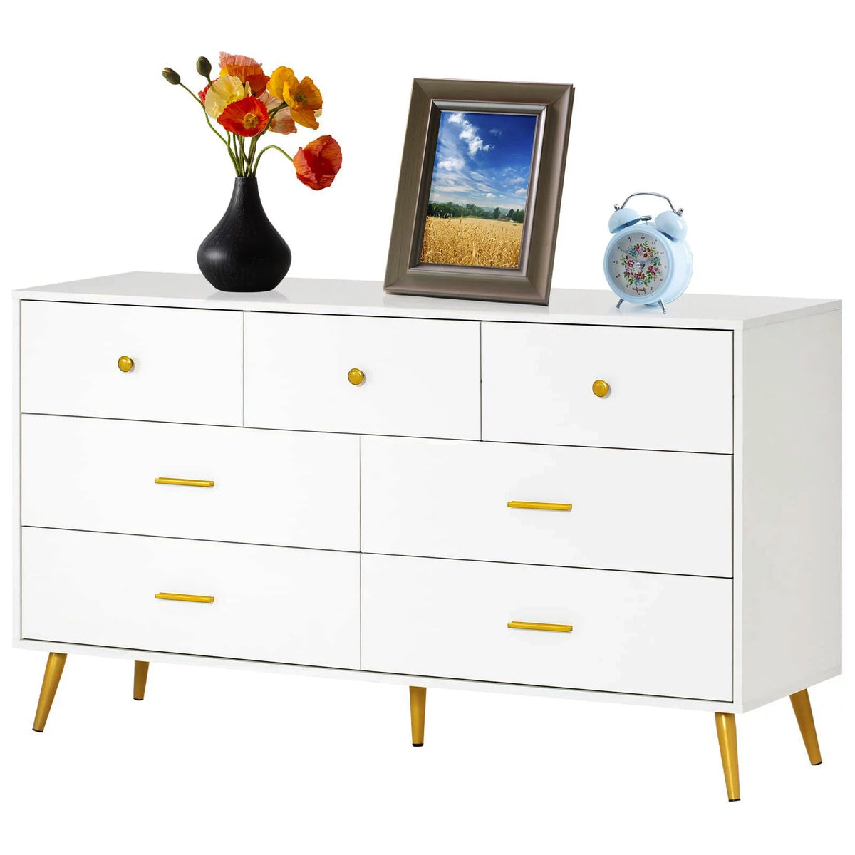 White and Gold 7 Drawer Wood Dresser Y929343