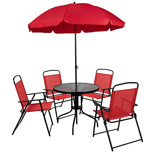 6-Piece Patio Dining Set with Glass Table, Folding Chairs, and Umbrella, Navy W1179