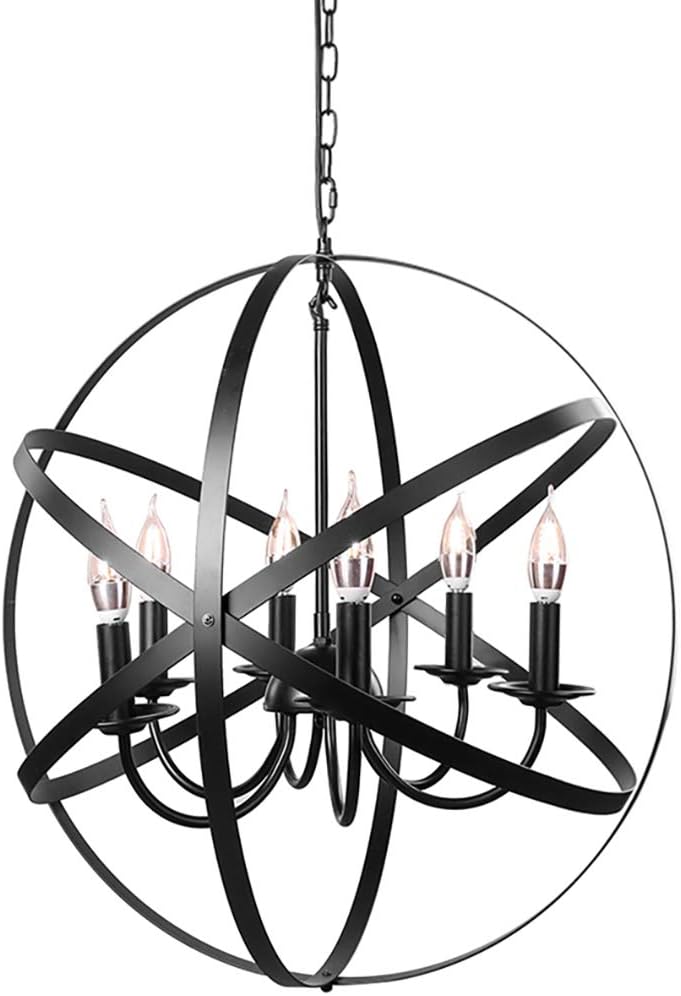 Black 6-Light Farmhouse Chandelier with Spherical Shade O438