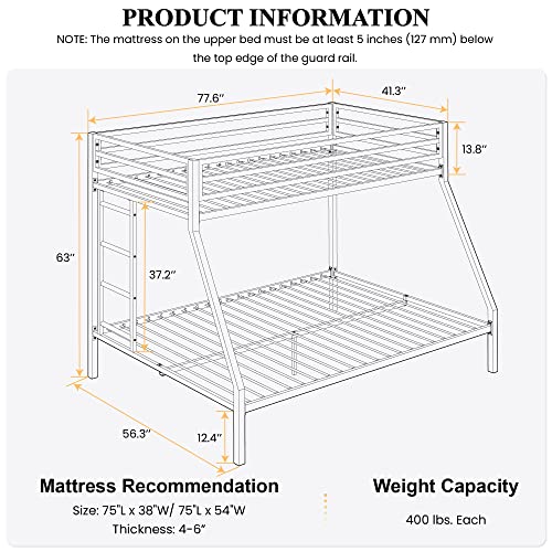 Black Twin Over Full Size Loft Bunk Bed with Ladder and Guardrail A814092