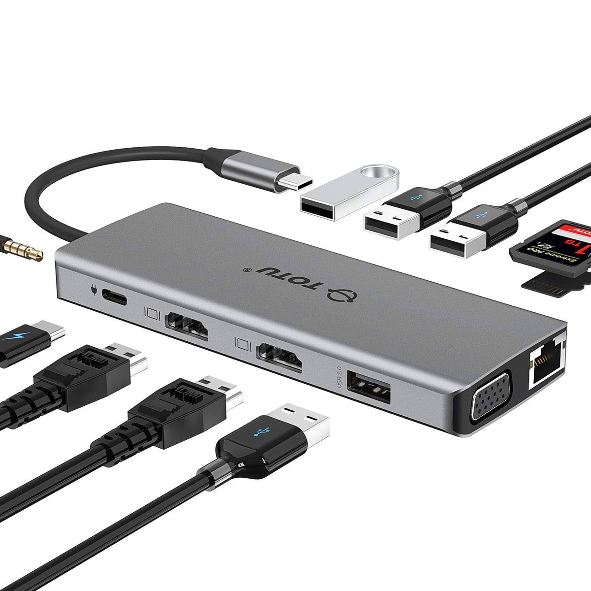 12-in-1 USB C Hub with Ethernet, 4K, 2 HDMI, VGA, USB3.0, USB2.0, 79W PD 3.0, SD/TF Card Reader, Mic/Audio H8484