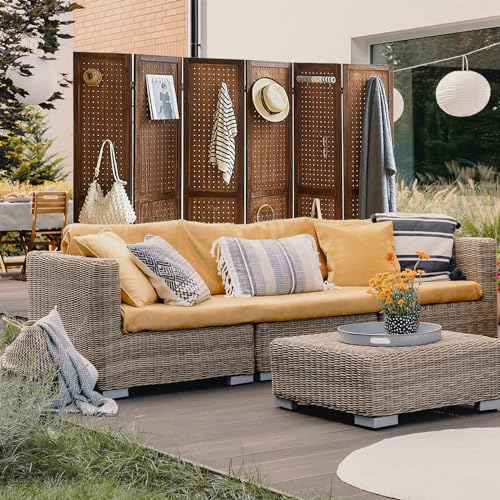 Natural Solid Wood 4 Panel Room Divider with Shelves and 16 Hooks G785734