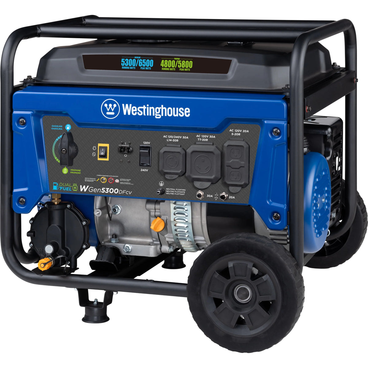 6500 Peak Watt Dual Fuel Portable Generator with CO Sensor and Wheel Kit W747