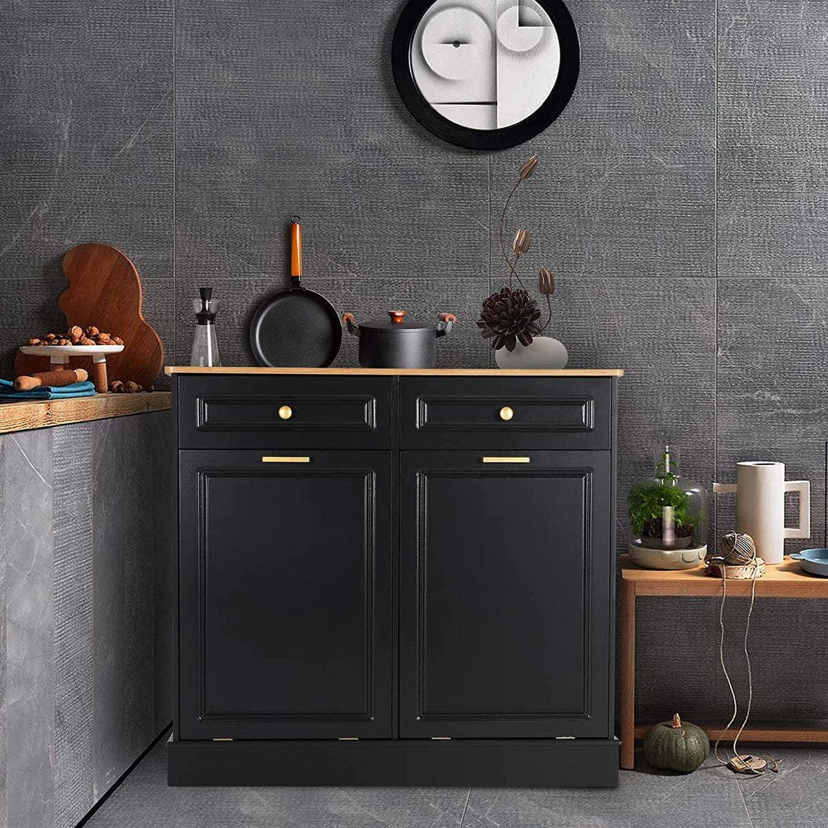Black Double Tilt Out Trash Cabinets with Drawers Wooden Recycling Cabinet P53541