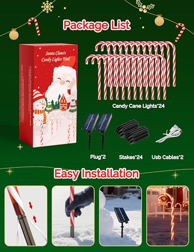 24 Pack Solar Christmas Candy Cane Lights with 168 Warm Lights L53098